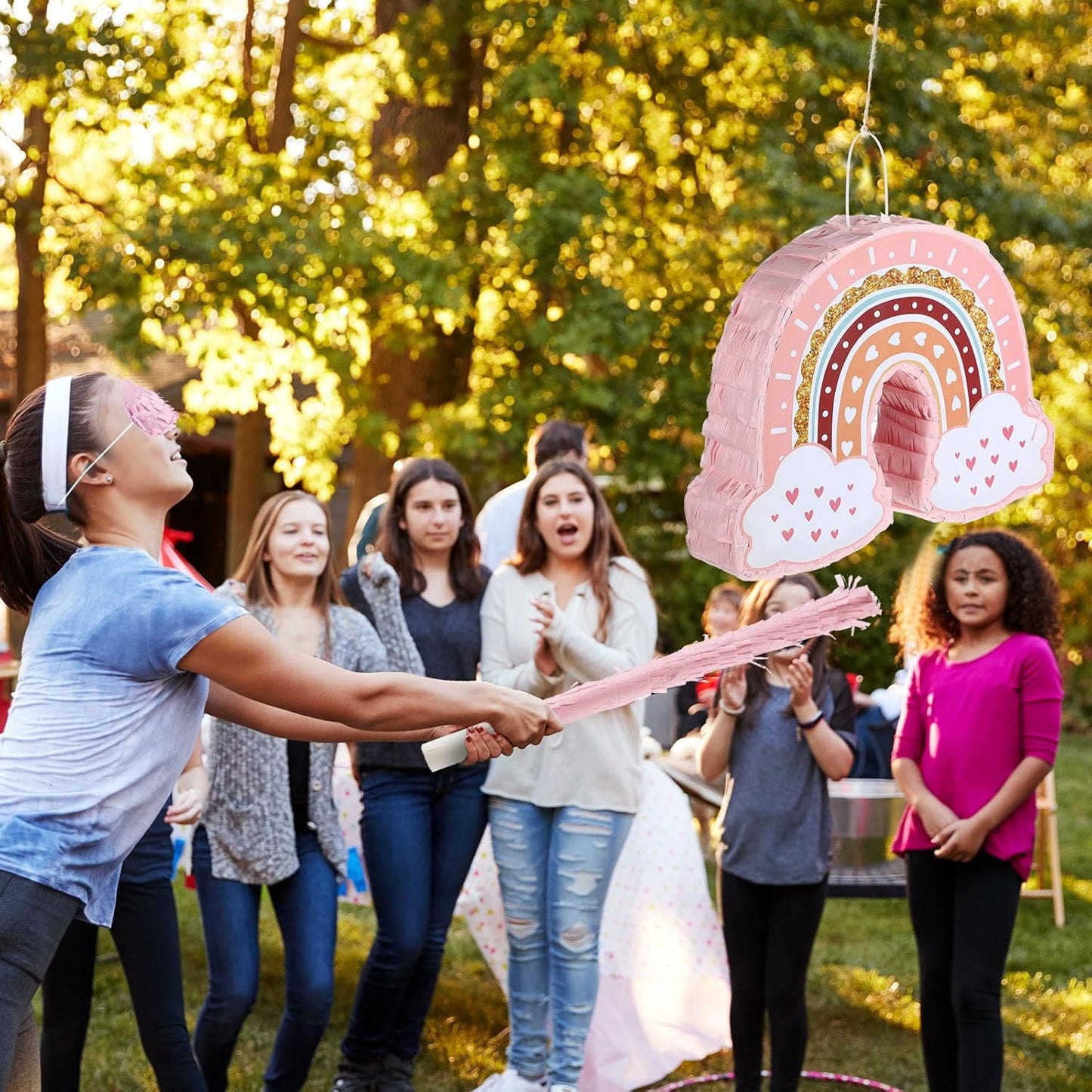 Threan Rainbow Piñata Pink Rainbow Birthday Party Piñata with Bat Stick Blindfold Boho Theme Birthday Baby Shower Toys Games Party Supplies Decor