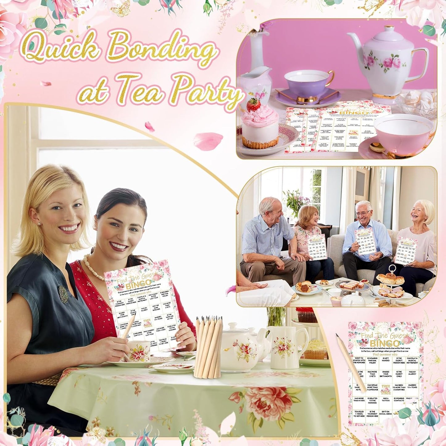 Pasimy 50 Pcs Find the Guest Game Bingo Cards with 20 Pcs Pencils Bridal Shower Wedding Bingo Game Pink Flower Tea Party Activity Favor Supply for Engagement Birthday Baby Shower Bachelorette, 5"x7"