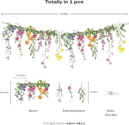 Cheerland Wildflower Garland Flower Banner Party Decorations for Enchanted Garden Floral Woodland Theme Picnic Mothers Day Decor Girls Birthday Tea Party Garden Wedding Onederland Theme Baby Shower