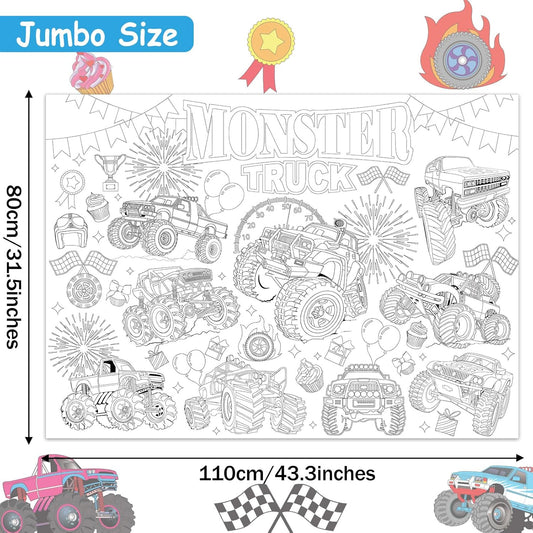 Monster Trucks Coloring Poster for Kids Giant Coloring Poster Large Monster Coloring Tablecloth Jumbo Coloring Books for Classroom Home Birthday Party Supplies Favor