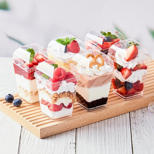 Kucoele 50 Pack 5 oz Dessert Cups with Lids and Spoons, Clear Plastic Parfait Appetizer Cups Dessert Shooters Party Serving Cups for Pudding Fruit Mousse and Yogurt