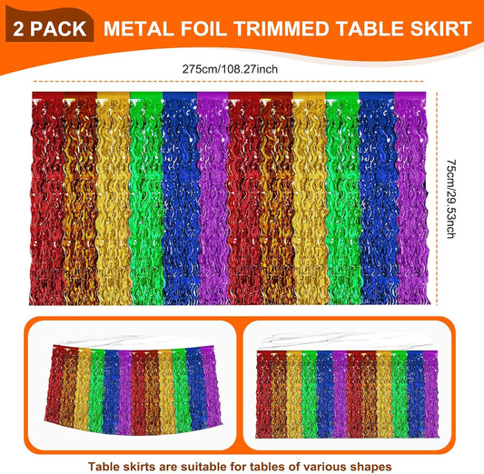 2 Pack Fiesta Metallic Fringe Table Skirt, Rainbow Foil Table Skirts for Fiesta Party, Cinco de Mayo Decorations, Colorful Birthday and Celebration Table Decor