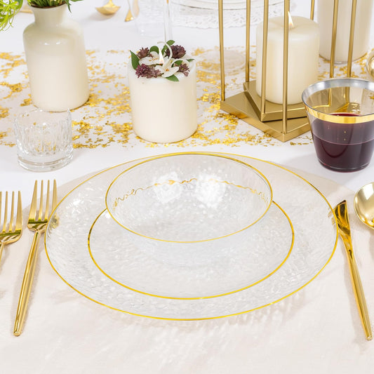 I00000 30 Pack 12 Ounce Pink Plastic Bowls Hammered Clear Bowl with Gold Rimmed, Heavy Duty Disposable Bowl Set,Elegant Salad/Dessert/Ice Cream Small Bowls for Party Weddings