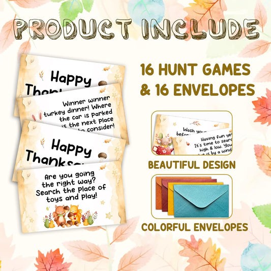 Thanksgiving Party Treasure Clue Hunt Games, Fall Party Decoration Favors, Thanksgiving Scavenger Riddle Hunt Games, Autumn Activities for Friends Family, 16 Cards with Colorful Envelopes 01