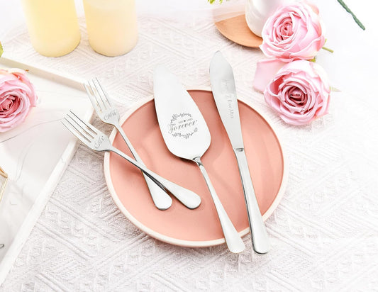 Wedding cake cutting set, Sliver Wedding Presents for Couples, 4 Pieces Set with Forks for Engagements, Bridal Shower Anniversary Engagement Presents For Mr and Mrs