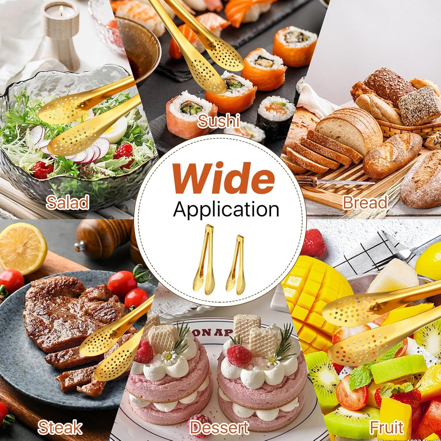 8 Pcs Gold Tongs for Serving Food, 9 & 12 Inch Stainless Steel Buffet Tongs - Gold Serving Utensils for Parties, Catering, Restaurants, Kitchen & Home Entertaining