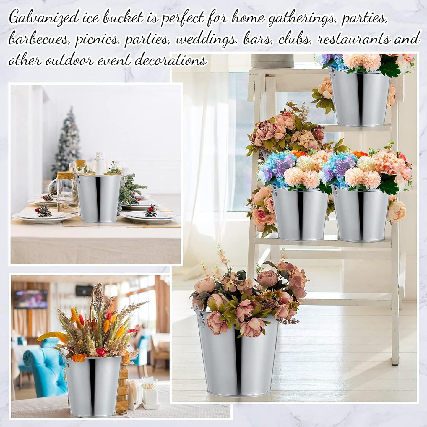 Mumufy 12 Pcs 10l Large Metal Beer Bucket 10.6 x 10.2 x 7.5'' with Ice Shovels and Tongs Galvanized Metal Ice Bucket Tin with Handle for Summer Pool Wedding Party Supplies Wine Champagne Bar