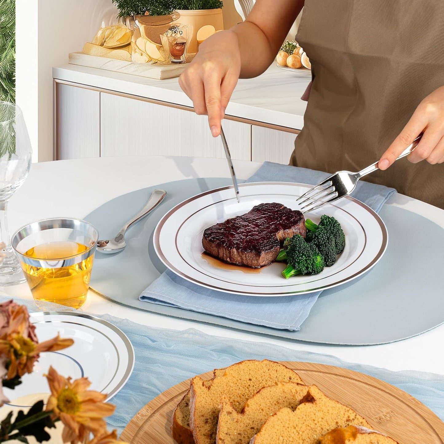 BESTVIP 350PCS Gold Plastic Dinnerware Set, Disposable Party Plates for 50 Guests, Include: 100 Plastic Plates, 50 Pre Rolled Napkins with Gold Silverware, 50 Cups