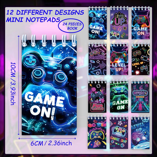 24 PCS Neon Video Games Mini Spiral Notepads Game on Party Gift Stuffer Supplies Gamer Party Decorations Gaming Small Notebooks for Neon Video Gaming Birthday Party Favors