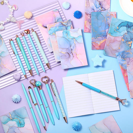Pasimy 24 Pcs Marble Mini Notebooks with Ballpoint Pens Set Metal Crystal Diamond Pens Pretty Fancy Gifts Marble Pocket Notepads Mini Journals Notebooks Bulk for Women Students School Office