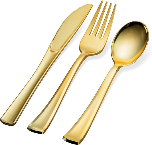 160 Silverware Set - Disposable Flatware - 80 Plastic Forks, 40 Plastic Spoons, 40 Cutlery Knives - Heavy Duty for Party Bulk Pack (Gold)