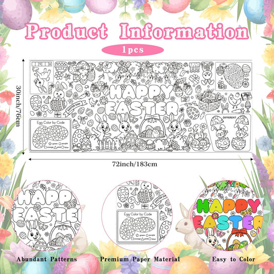 Easter Coloring Tablecloth/Poster, Easter Crafts for Kids, 72" x 30" Giant Paper Coloring Table Cloth Banner for Gifts Games Activities Party Decorations, Fun DIY Art Easter Party Supplies for Family