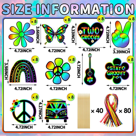 Saillong 80 Pcs Groovy Party Supplies Scratch Art Paper Daisy Bus Butterfly Guitar Two Groovy Scratch Crafts Off Cards for Party Birthday Gifts Supplies