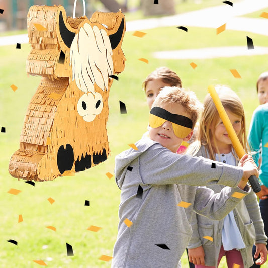 Sratte Cute Highland Cow Piñata Party Supplies Piñata with Blindfold Bat Confetti Highland Cow Decorations for Theme Birthday Party Supplies, 15.75 x 14.37 x 2.76 Inch