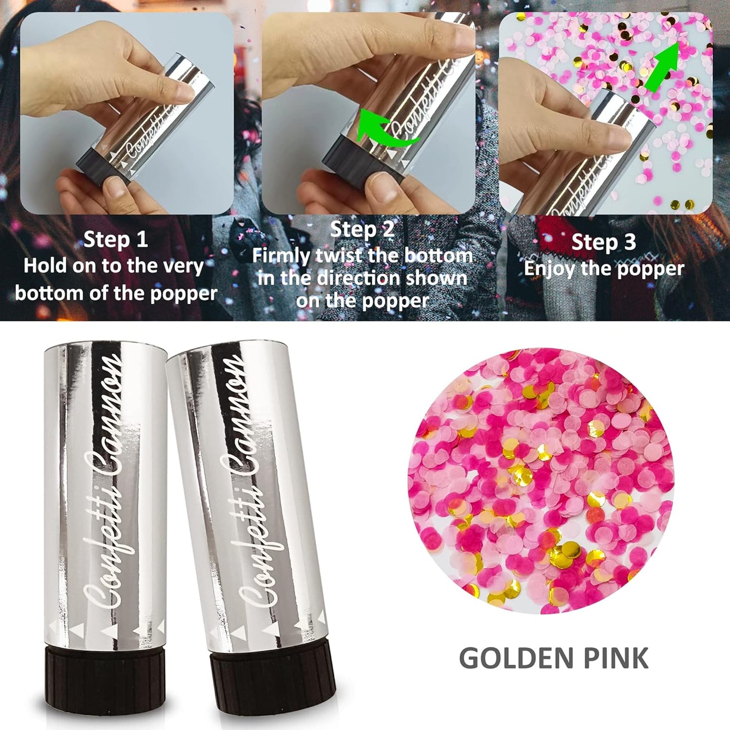 8 PCS Confetti Poppers Cannons for Wedding Birthday Graduation Baby Shower Anniversary Christmas New Year's Kids Fun Party Supplies Decorations and Favors (Pink + Gold)