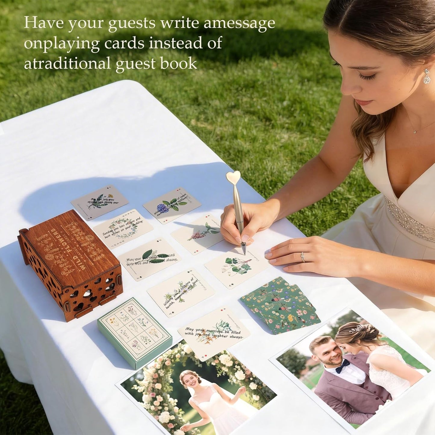 54 PCS Personalized Wedding Guest Book Alternative, Floral Wedding Guest Playing Cards Set with Wooden Openwork Storage Box, Wildflower Wedding Book Ideas, Guest Card Deck for Wedding Bridal Shower