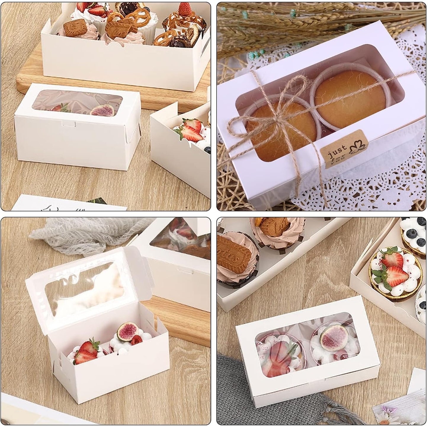 30 Pack White Paper Cupcake Boxes with 2 Cavity Cookie Gift Boxes with Clear Window 2 Treat Holder Cupcake Containers Bakery Cake Box for Birthday Party Holiday Bakery Supplies