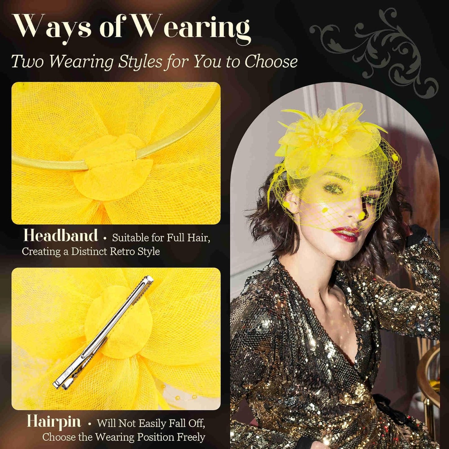 Fascinators Hats for Women Tea Party Hat Feather Mesh Headband Vintage Lace Cocktail Headwear Veil Hair Clip Church