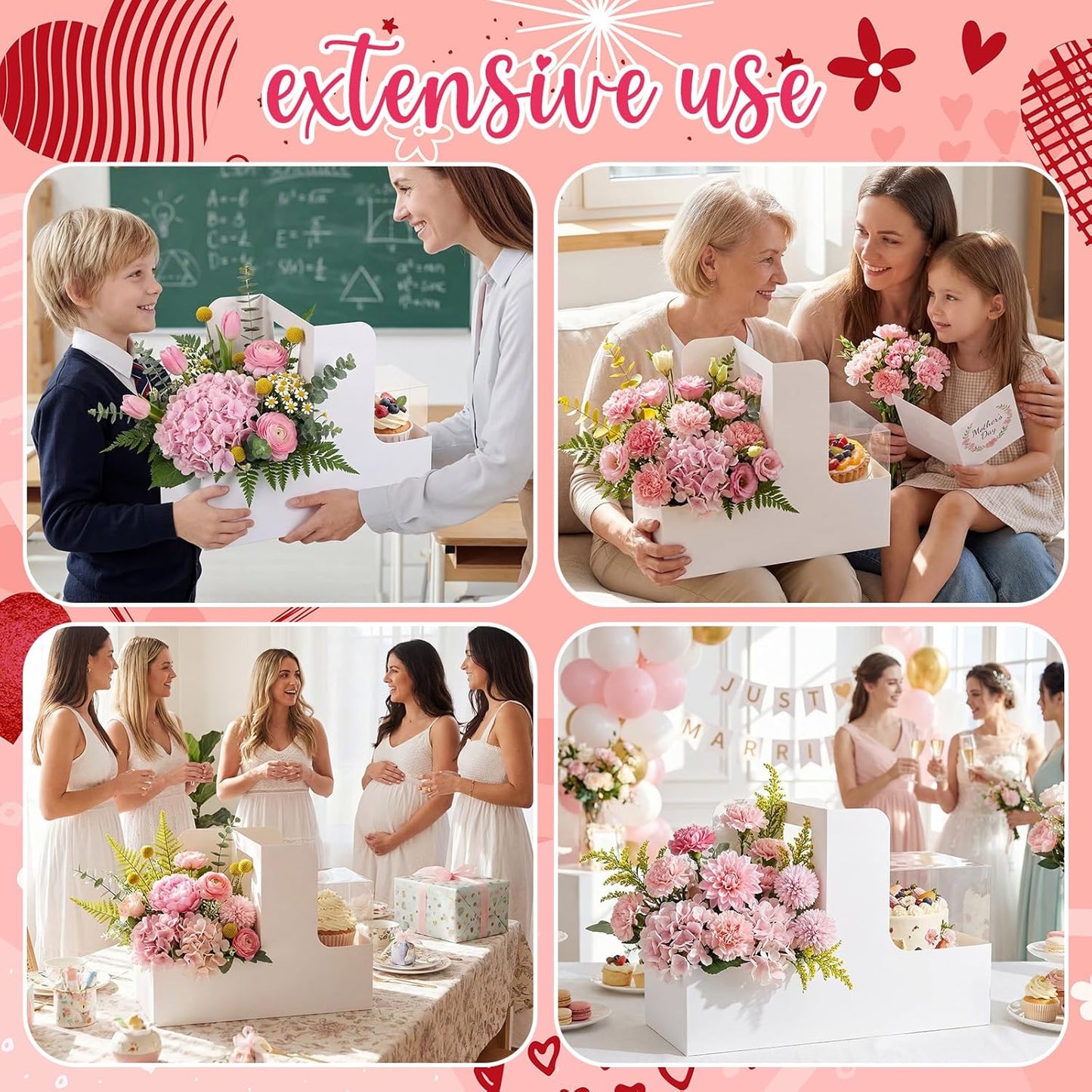 Qinyoung 12 Sets Mother's Day Flower Gift Box Cake Flower Gift Boxes with 12 Pcs Transparent PVC Cake Boxes Mother's Day Box for Teacher,Mom Wedding, Birthday Party(White,Classic,Blank)