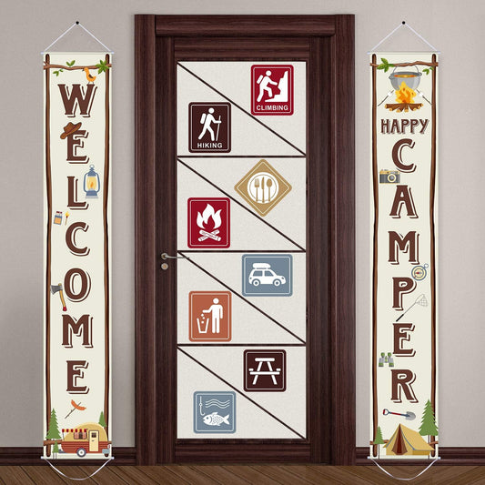 Blulu Camping Themed Party Decorations Set, Big Size Laminated Sign Cutouts, Camping Party Banner Welcome Porch Sign for Themed Birthday Decorations