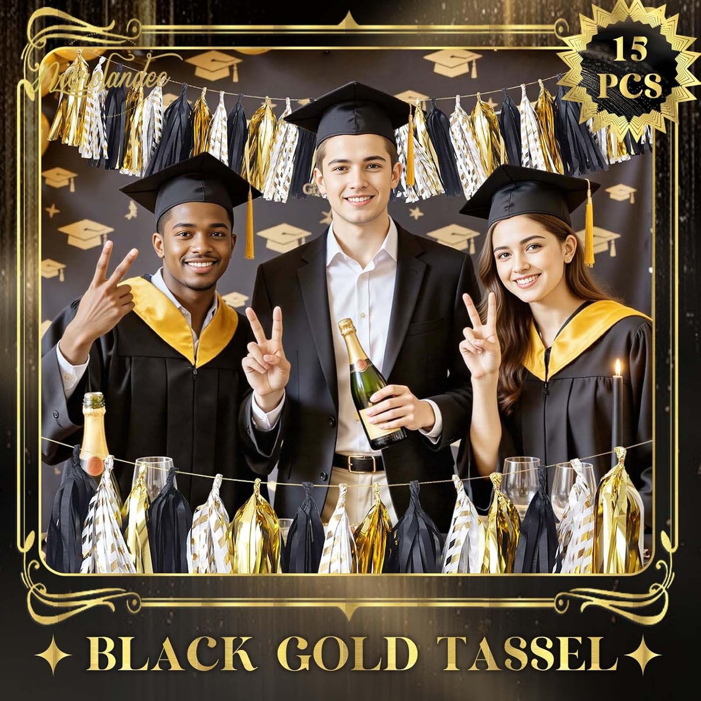 NICROLANDEE Black Gold Graduation Party Decorations, 15PCS Black Gold Tissue Paper Tassel Garland for Birthday, Wedding, Bridal Shower, Bachelorette Party, 2026 New Year's Eve Party Supplies