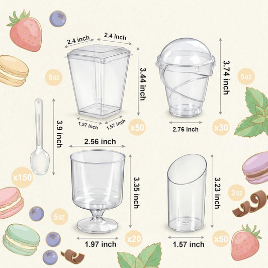 WELLIFE 380 Pack Disposable Dessert Cups with Lids and Spoons 5 oz Mini Plastic Parfait Cups Assortment for DIY Mousse, Pudding, Tiramisu, Home Baking, Birthday Parties & Baby Showers