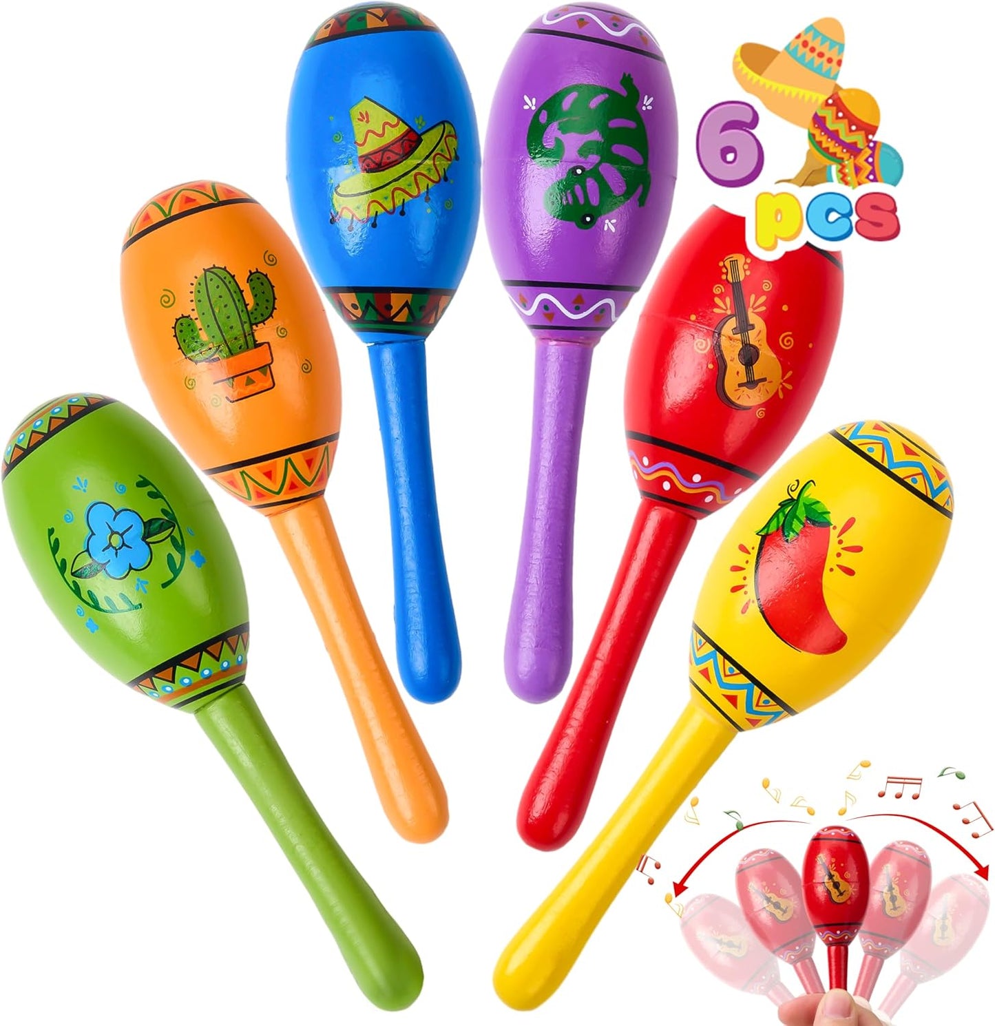 JOYIN Cinco De Mayo 6 PCS Mini Wooden Maracas for Kids, Mexican Fiesta Party Favors and Noisemakers, Cinco De Mayo Party Favors, Musical Fun, Birthday Parties, Luau Party, Taco Tuesday Event