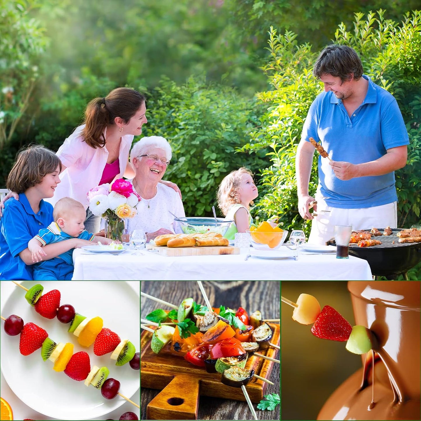Natural Bamboo Skewers 6 Inch, Kids Friendly/True Semi Pointed, For Fruit Kabobs Kebab Swizzle Appetizer Chocolate Fountain Fondue BBQ, Wooden Sticks For Cake Pop, Lollipop, Size Choices 4.3”,8”,10”