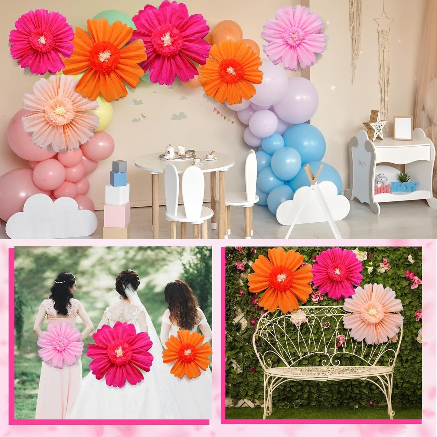 Giegxin 20 Pcs 31.5'', 23.6'', 11.8'', 9.8'' Pink Giant Paper Flower Boho Large Tissue Flower for Wall Pink Pom Pom Floral Decoration for Wall Wedding Bridal Shower Classroom Tea Party Birthday Decor