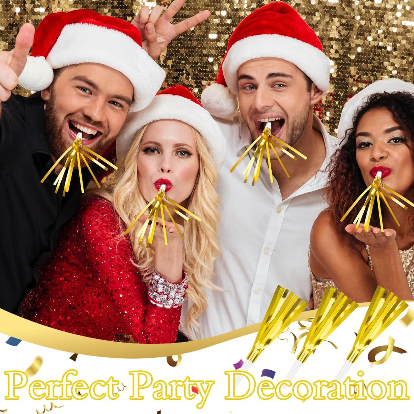 Denylo pro 24 Pcs Glitter Noise Makers Gold Noise Makers Metallic Fringed Party Blowers Adults Party Horns for Sporting Events Christmas New Year Festival Favor Supplies