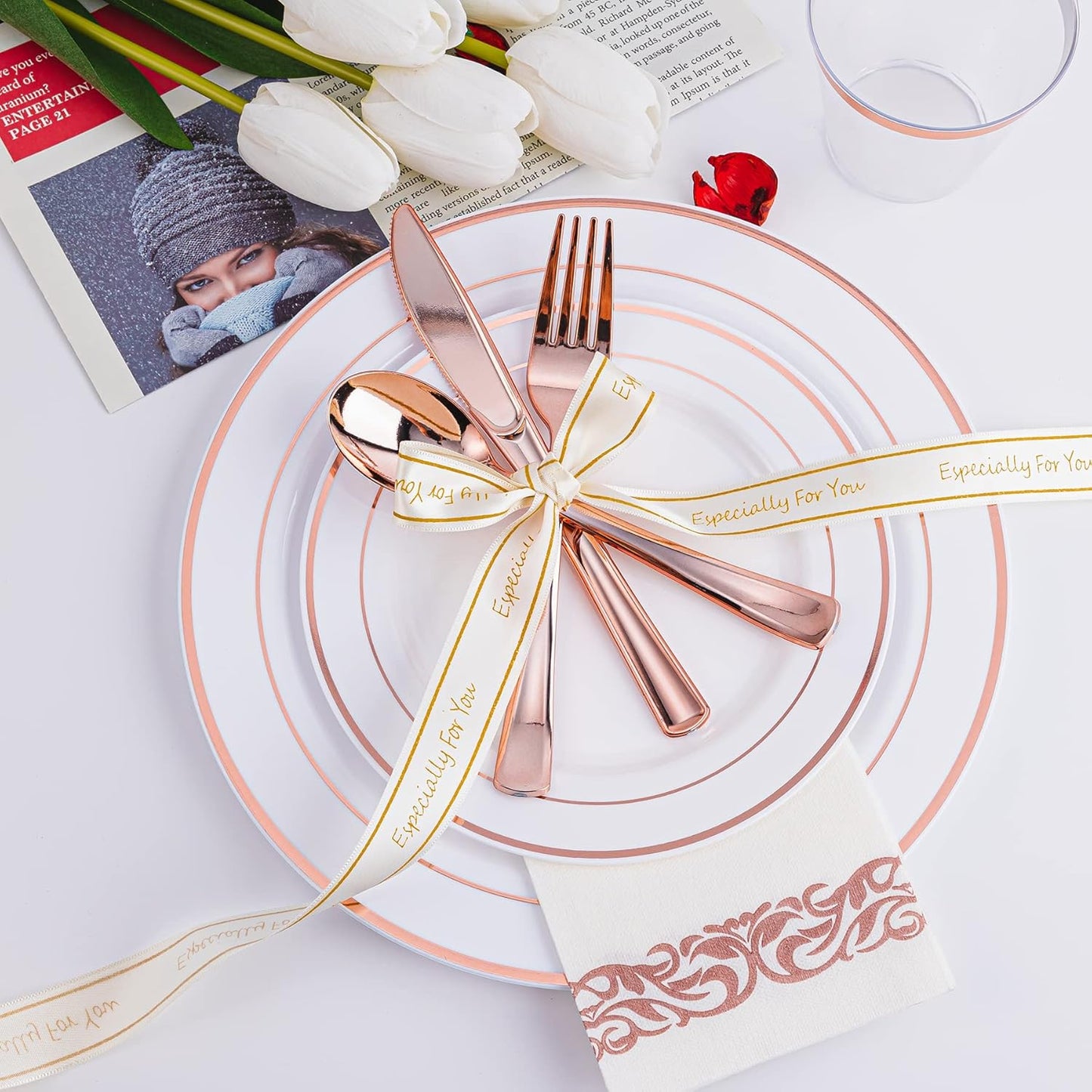 N9R 300PCS Gold Plastic Silverware, Heavy Duty Gold Plastic Cutlery Set Disposable Flatware Dinnerware, 100 Forks, 100 Spoons, 100 Knives, Perfect for Party, Wedding and Daily Use