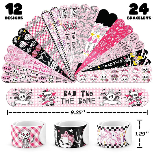 96 PCS Bad Two the Bone Party Favors Set – 72 Pre-Cut Temporary Tattoos & 24 Rock-Inspired Slap Bracelets for Kids, Perfect for Punk Birthday Parties & Classroom Rewards
