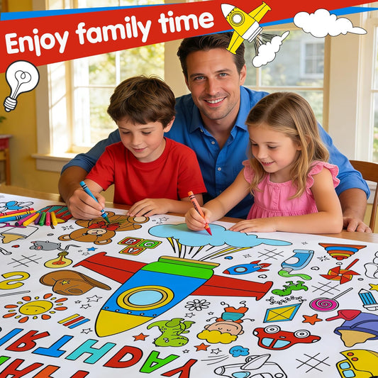 Cartoon Story Giant Coloring Tablecloth - 72 x 31 Inch Jumbo Paper Coloring Activity Poster, Rocket Happy Birthday Themed Table Cover for Birthday Party, Classroom, Family Games Decorations