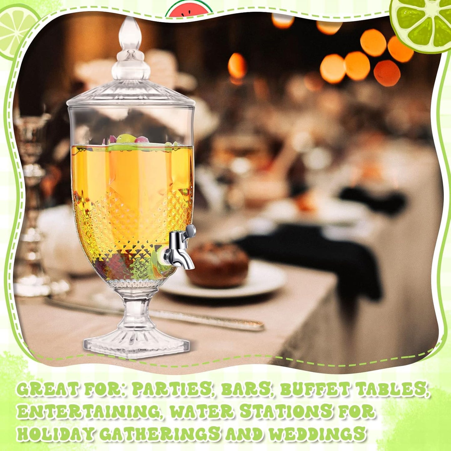 Bokon 2 Pieces Drink Dispensers for Parties Crystal Iced Beverage Dispenser with Stand and Spigot, Glass Liquid Containers Wide Mouth Beverage Server for Juice Tea Wedding (Exquisite)
