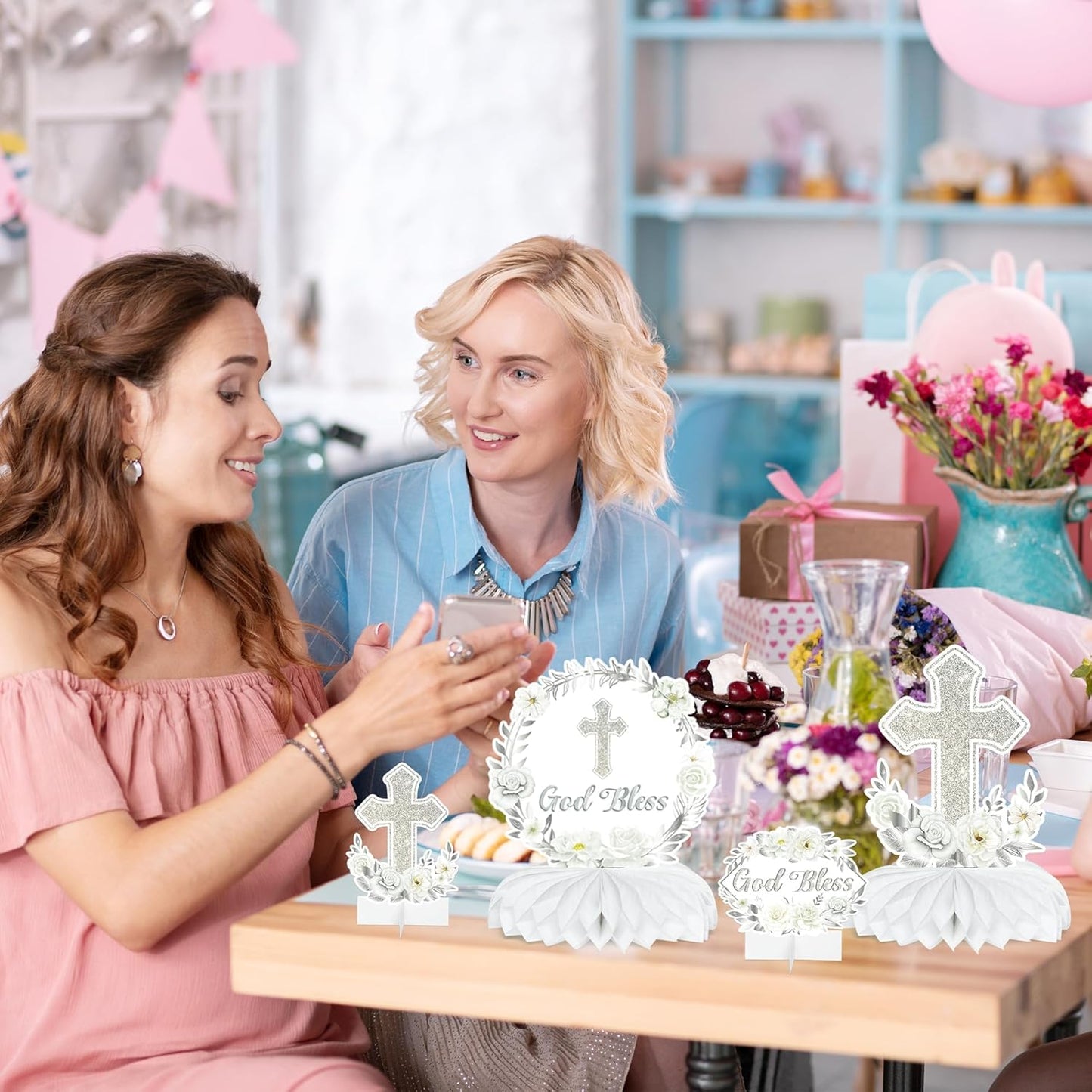 ANGOLIO Baptism Centerpieces Table Decorations - 12Pcs God Bless White Sliver Floral Honeycomb Centerpieces Party Supplies Cross Religious Table Toppers for Bible Baby Shower Birthday Party Favors
