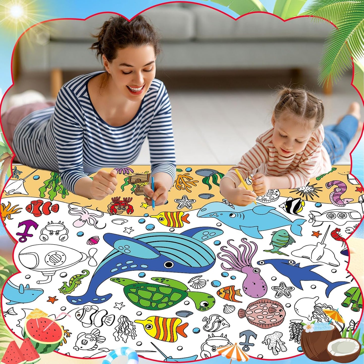 AUGSUN 2 PCS Giant Summer Activity Coloring Poster, Under The Sea Large Coloring Tablecloth Ocean Animals Giant Color-in Paper Table Cover for Kids School Classroom Wall Birthday Crafts Supplies