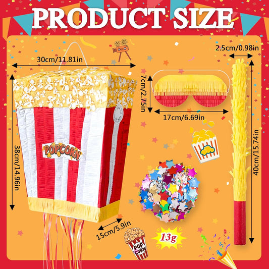 Popcorn Pinata Large Circus Piñata with Stick Hanging Loop Blindfold Star Confetti for Birthday Carnival Circus Party Video Movie Night Holiday Celebration Baby Shower Supplies 15 × 11.8 × 5.9 Inches