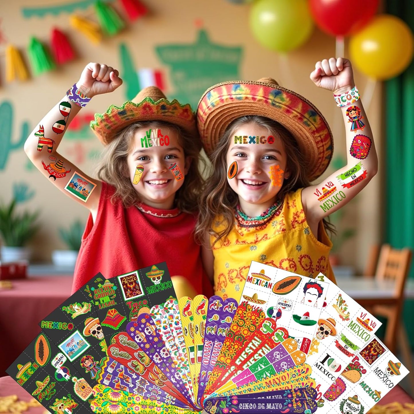 96 PCS Mexican Fiesta Party Favors – 72 Glow & Regular Tattoos + 24 Slap Bracelets, Perfect for Cinco de Mayo, Birthdays & Cultural Celebrations