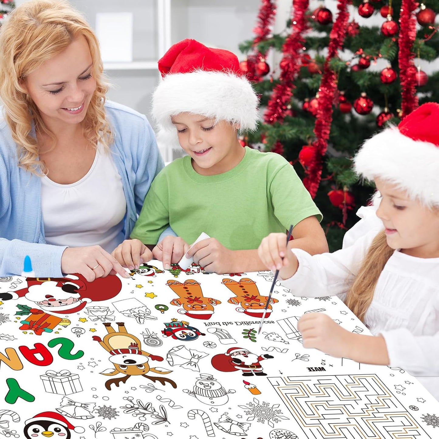 Christmas Coloring Tablecloth for Kids, 71 x 31 Large Inch Xmas Coloring Poster Table Cover, Holiday Doodle Crafts for Classroom, Family Party, Christmas Games and Activities Supplies