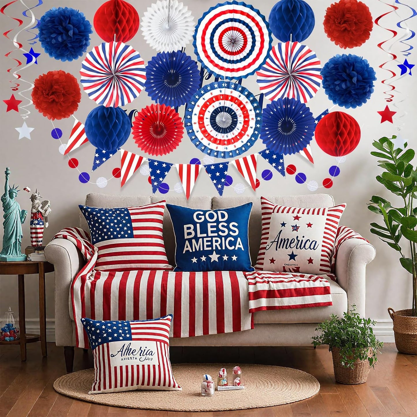 24PCS Patriotic Decorations 4th of July Decorations Set Red White Blue Hanging Paper Fans USA Flag Pennant Pom Poms Hanging Swirls Party Supplies for Memorial Day Independence Veterans