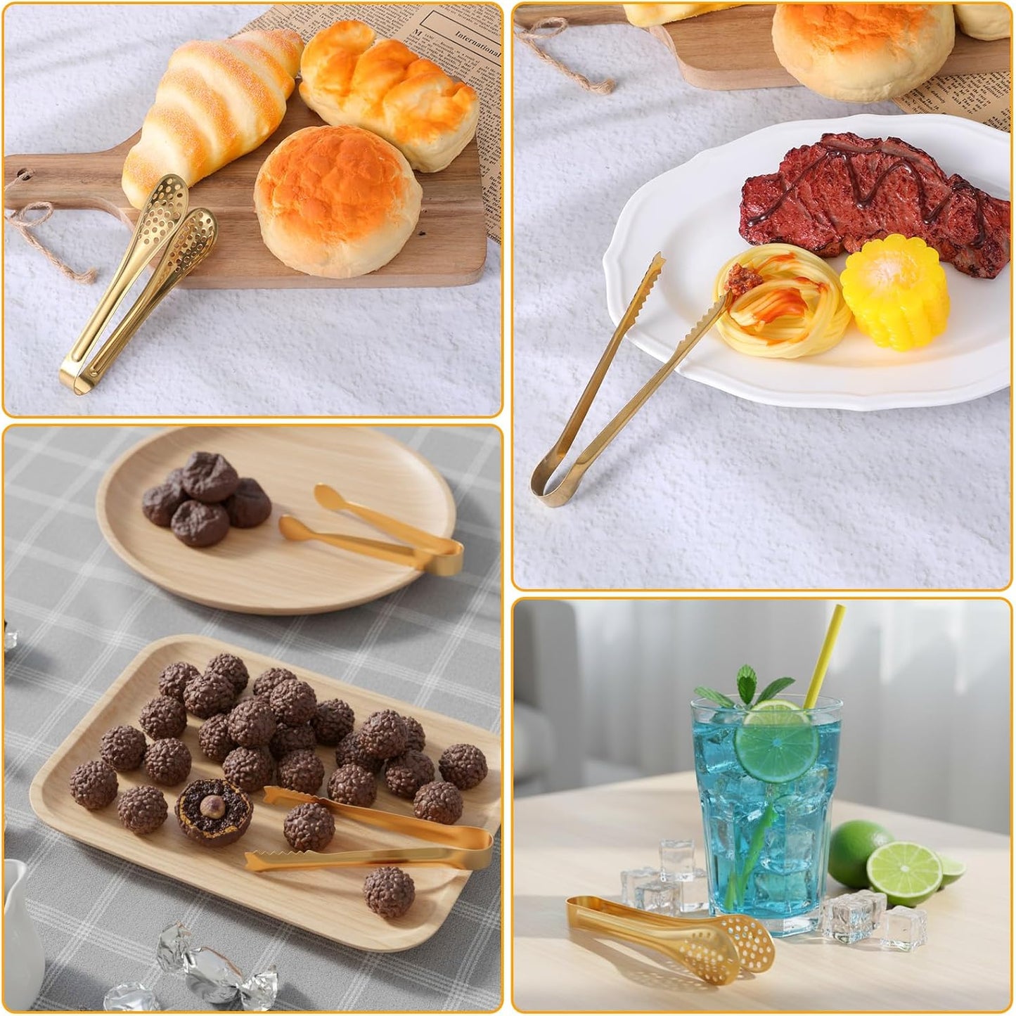 32 Pcs Mini Serving Tongs, Stainless Steel Buffet Serving Utensils Small Tongs Catering Kitchen Food Tong for Appetizer Tea Party Coffee Bar Food Ice Salad Barbecue Cookies, 4 Styles(Gold)