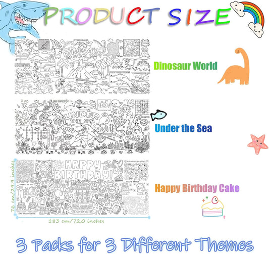 OQOQ Coloring Table Cloth for Kids (3 Pack), Paper Coloring Tablecloth Dinosaur Under The Sea Cake Boys Girls Coloring Games for Birthday School Interactive Activity Decorations 30x72 inch/76x183cm