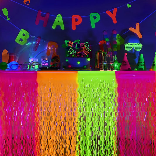 Mega-L Glow in The Dark Party Supplies, 2 Pack Neon Party Decorations Fluorescent Macaron Orange, Yellow and Fuchsia Wavy Metallic Tinsel Foil Fringe Table Skirts, Perfect Glow Birthday Party Decor