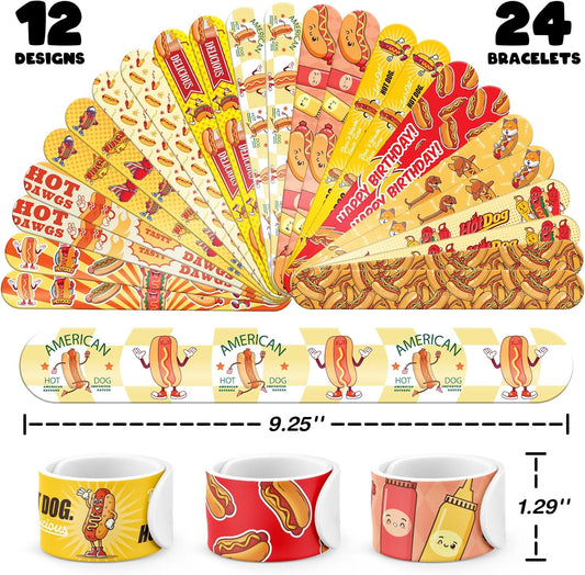 96 PCS Hot Dog Party Favors Set – 72 Pre-Cut Temporary Tattoos & 24 Slap Bracelets for Kids, Perfect for Food-Themed Birthday Parties, BBQ Celebrations & Classroom Rewards