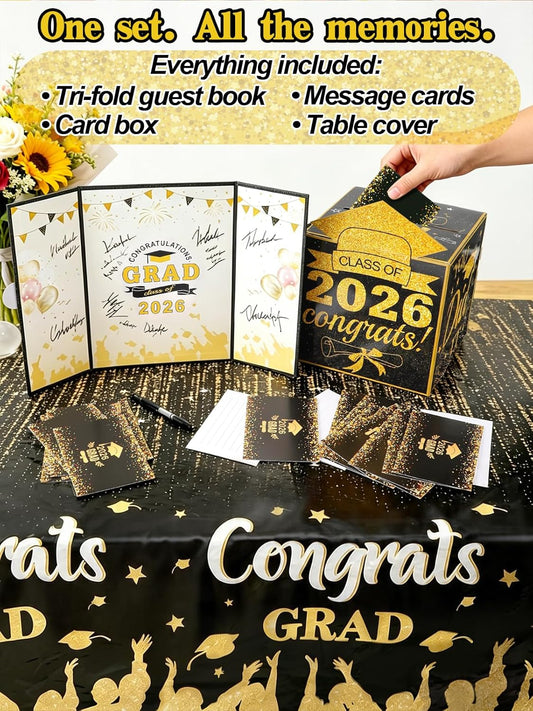 Black and Gold Graduation Decorations 2026 - Trifold Guest Book & Card Box & 30 Message Cards & Table Cover, Grad Party Supplies