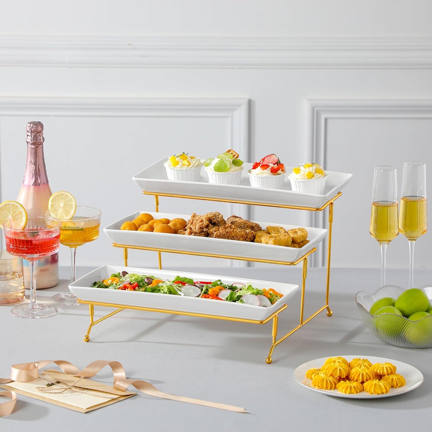 MALACASA 3 Tier Serving Trays for Party, Porcelain Serving Platters and Trays, 12 Inch Tiered Tray Stand, Fruit Tray, Trays for Serving Food, White Dessert Stand with Collapsible Sturdier Metal Rack