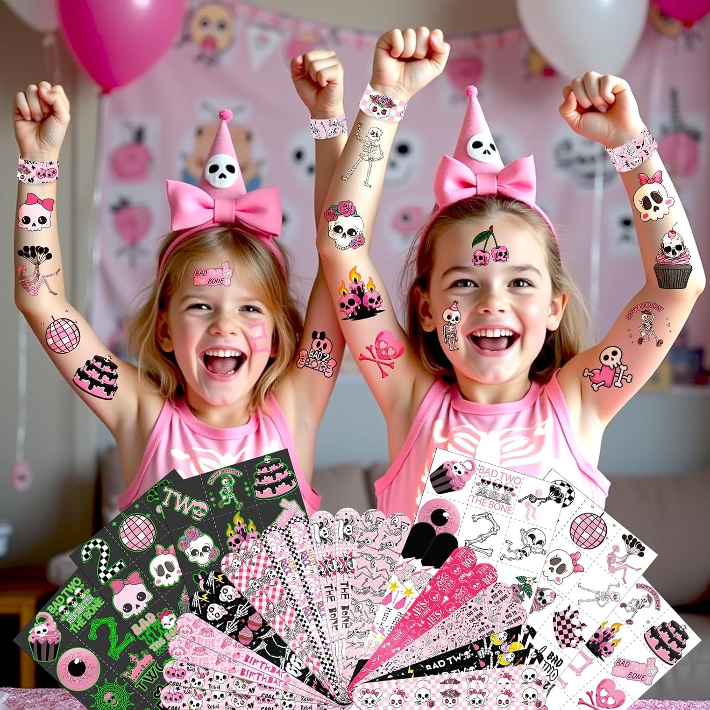 96 PCS Bad Two the Bone Party Favors Set – 72 Pre-Cut Temporary Tattoos & 24 Rock-Inspired Slap Bracelets for Kids, Perfect for Punk Birthday Parties & Classroom Rewards