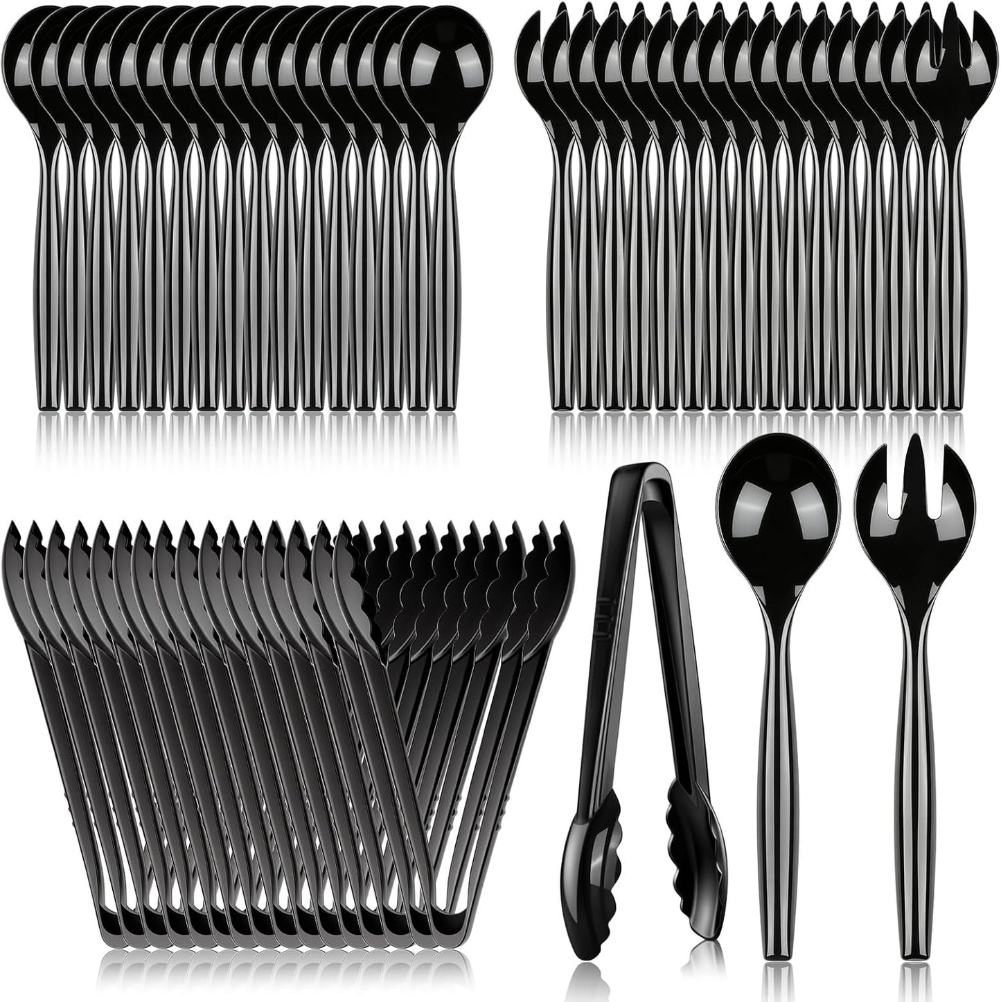 24 Pcs Disposable Black Plastic Serving Utensils,8 Set Including 9.72" Plastic Serving Spoons, Forks and 8.46" Tongs, for Dinner Parties, Buffets,Banquets, Events, Weddings, and Daily Use