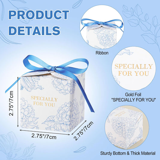 Yoption 50pcs Hydrangea Party Favor Boxes, 2.75 x 2.75 x 2.75 Inch Blue Candy Boxes with Ribbons for Wedding Bridal Baby Shower Birthday Party Decorations