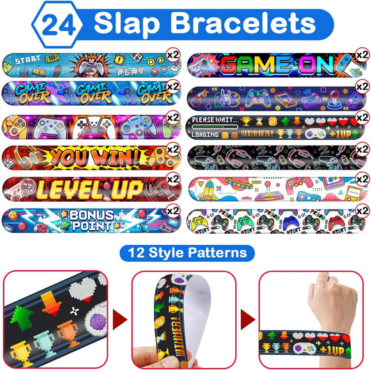 48PCS Video Game Themed Party Set | 24PCS Slap Bracelets & 24PCS Rubber Bracelets Gamer Silicone Wristbands Birthday Party Supplies Decorations Gifts Carnival Prizes